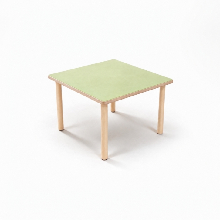 Zargenloser Quadrattisch 60x60 cm, Platte 25mm Buche Multiplex mit Linoleum, Holzbeine ohne Rollen