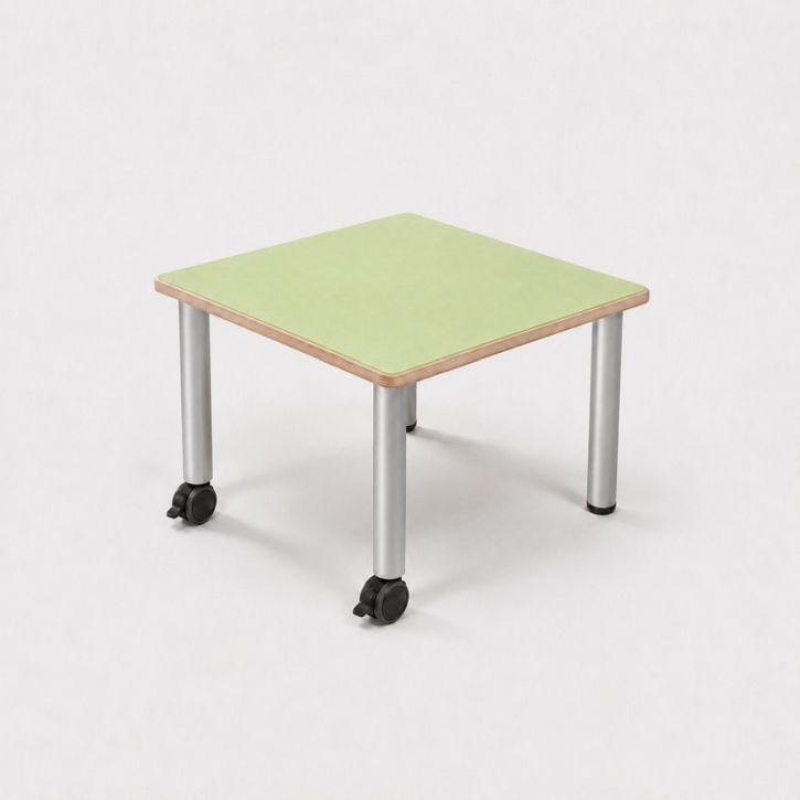 Mobiler, zargenloser Quadrattisch 60x60 cm, Platte 25mm Buche Multiplex mit Linoleum, Metallbeine