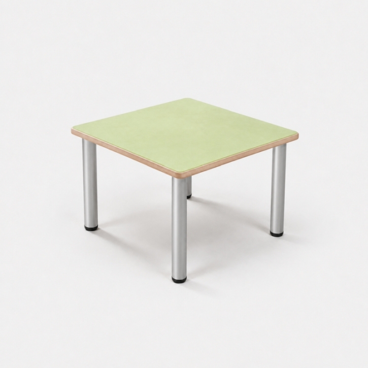 Zargenloser Quadrattisch 60x60 cm, Platte 25mm Buche Multiplex mit Linoleum, Metallbeine ohne Rollen