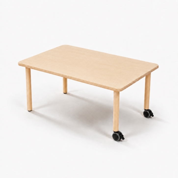 Mobiler, zargenloser Rechtecktisch 120x80 cm, Platte 25mm Buche Multiplex mit HPL, Holzbeine