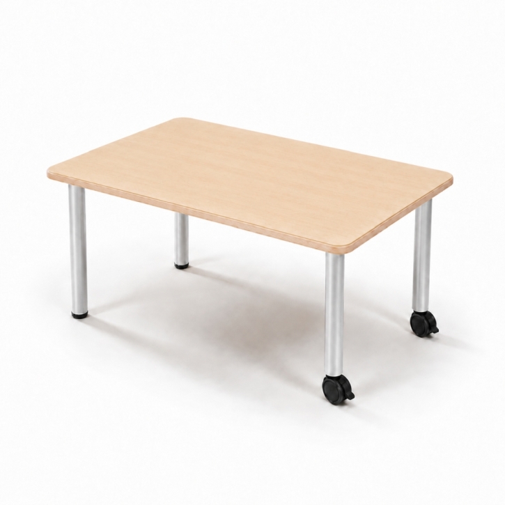 Mobiler, zargenloser Rechtecktisch 120x80 cm, Platte 25mm Buche Multiplex mit HPL, Metallbeine