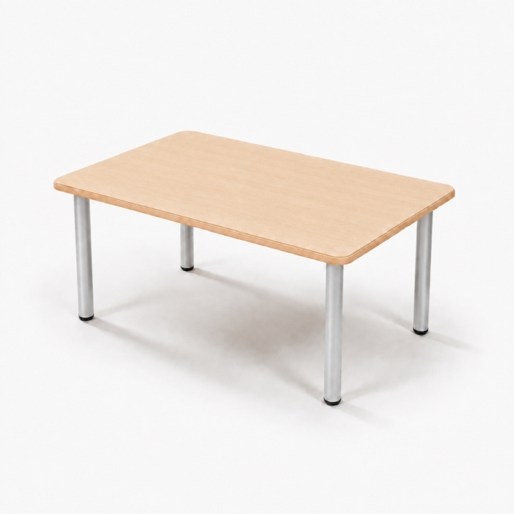 Zargenloser Rechtecktisch 120x80 cm, Platte 25mm Buche Multiplex mit HPL, Metallbeine ohne Rollen