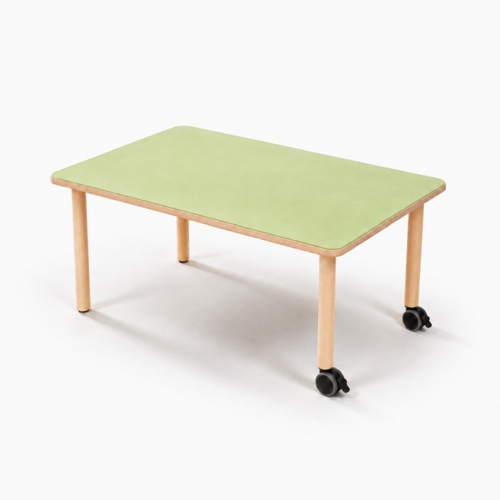 Mobiler, zargenloser Rechtecktisch 120x80 cm, Platte 25mm Buche Multiplex mit Linoleum, Holzbeine