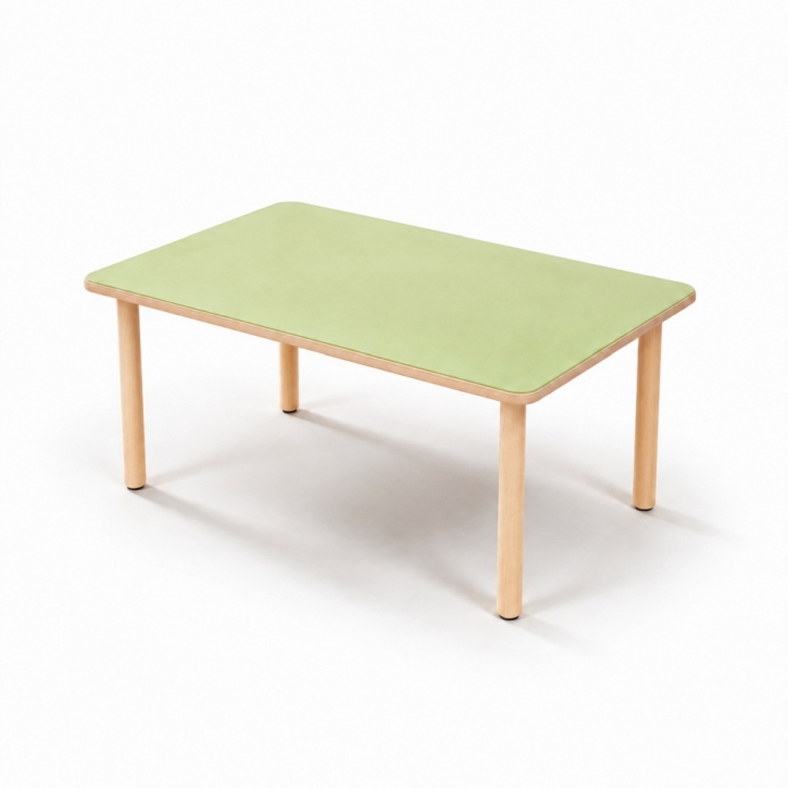Zargenloser Rechtecktisch 120x80 cm, Platte 25mm Buche Multiplex mit Linoleum, Holzbeine ohne Rollen
