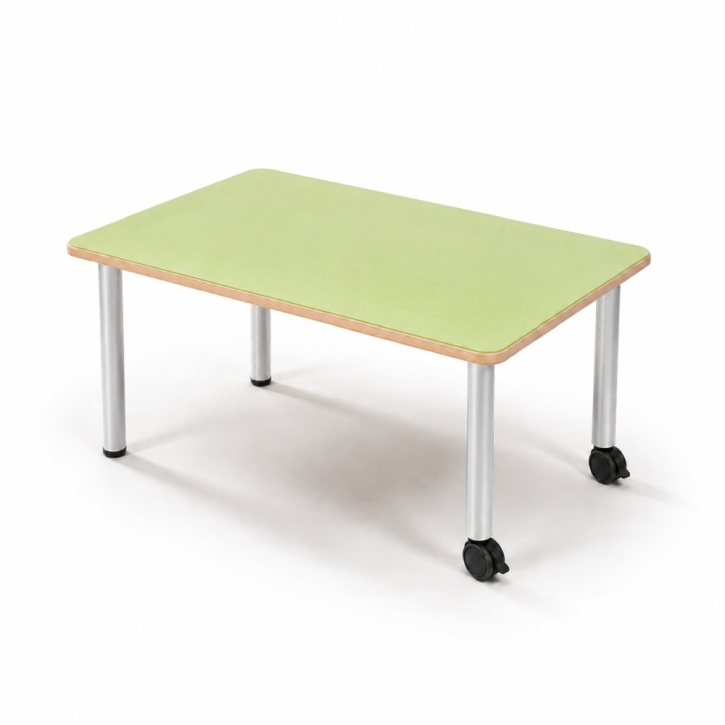 Mobiler, zargenloser Rechtecktisch 120x80 cm, Platte 25mm Buche Multiplex mit Linoleum, Metallbeine