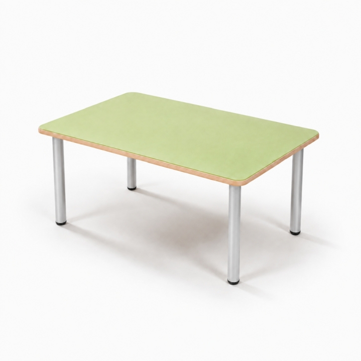 Zargenloser Rechtecktisch 120x80 cm, Platte 25mm Buche Multiplex mit Linoleum, Metallbe. ohne Rollen