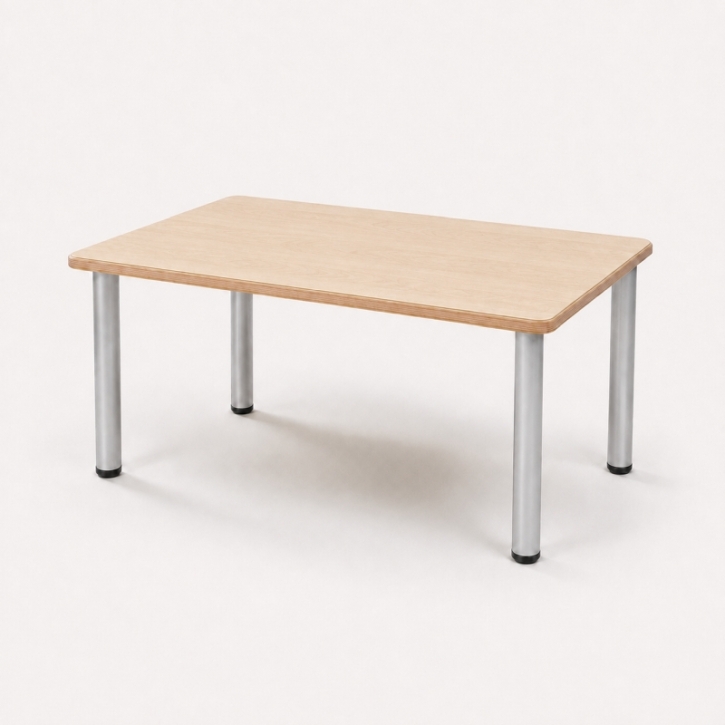 Zargenloser Rechtecktisch 80x60 cm, Platte 25mm Buche Multiplex mit HPL, Metallbeine ohne Rollen
