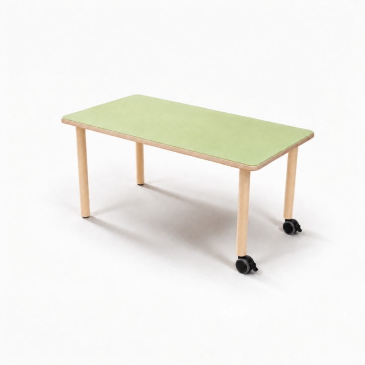 Mobiler, zargenloser Rechtecktisch 80x60 cm, Platte 25mm Buche Multiplex mit Linoleum, Holzbeine