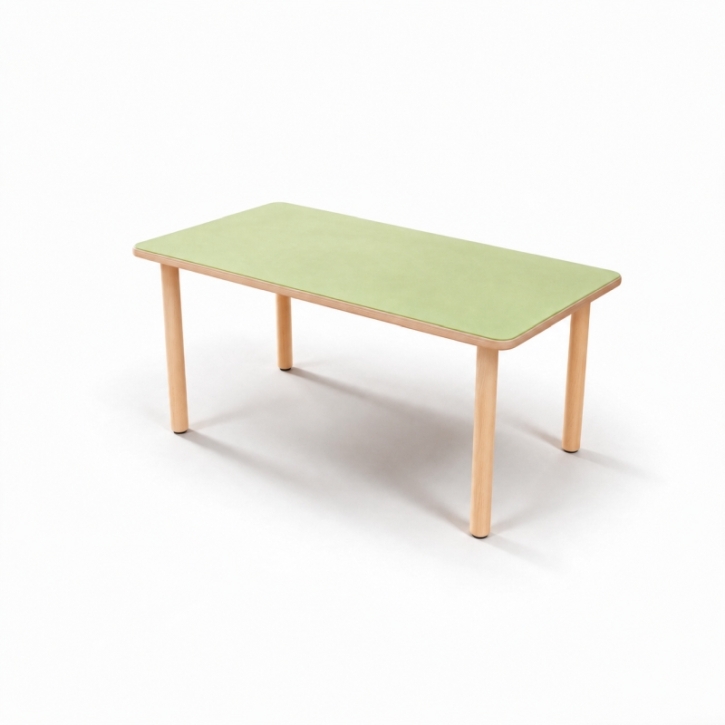 Zargenloser Rechtecktisch 80x60 cm, Platte 25mm Buche Multiplex mit Linoleum, Holzbeine ohne Rollen