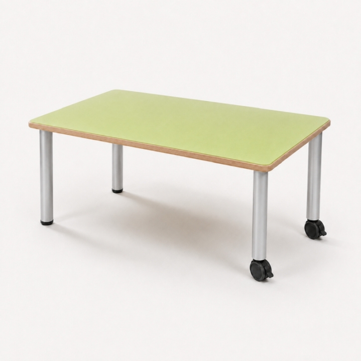 Mobiler, zargenloser Rechtecktisch 80x60 cm, Platte 25mm Buche Multiplex mit Linoleum, Metallbeine