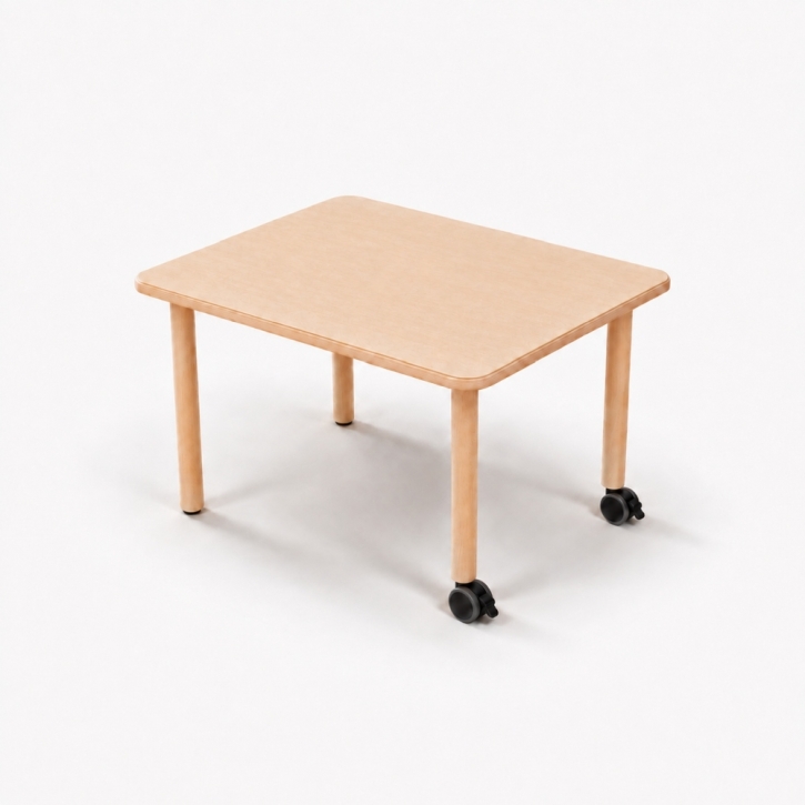 Mobiler, zargenloser Rechtecktisch 80x60 cm, Platte 25mm Buche Multiplex mit HPL, Holzbeine