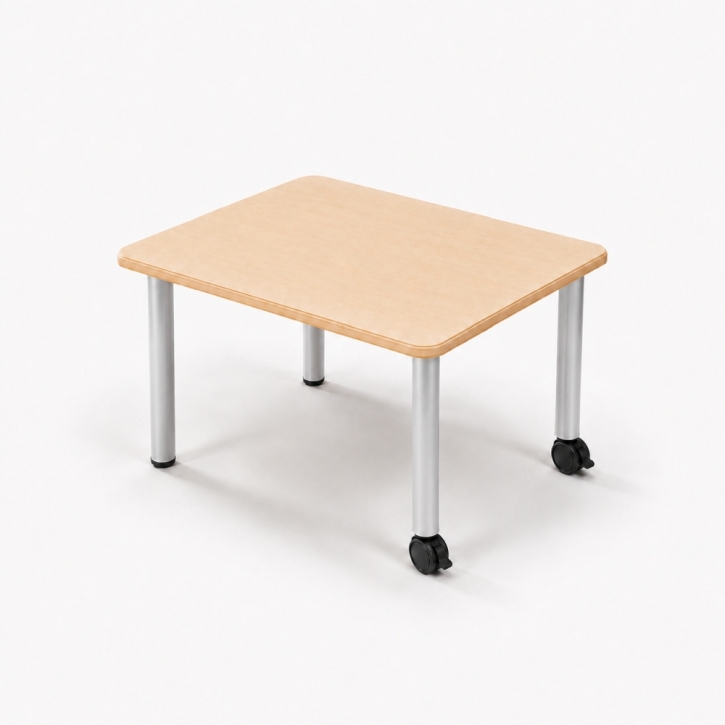 Mobiler, zargenloser Rechtecktisch 80x60 cm, Platte 25mm Buche Multiplex mit HPL, Metallbeine
