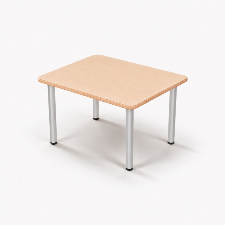 Zargenloser Rechtecktisch 80x60 cm, Platte 25mm Buche Multiplex mit HPL, Metallbeine ohne Rollen