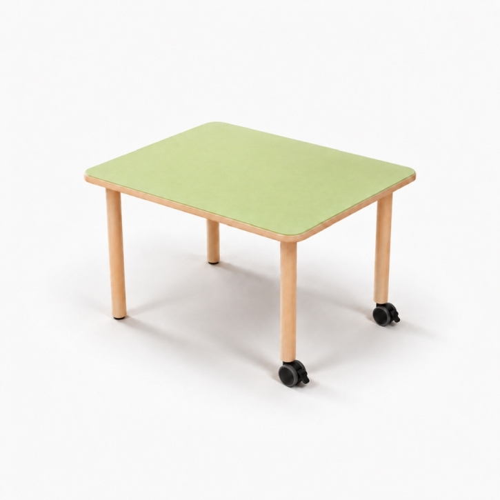 Mobiler, zargenloser Rechtecktisch 80x60 cm, Platte 25mm Buche Multiplex mit Linoleum, Holzbeine