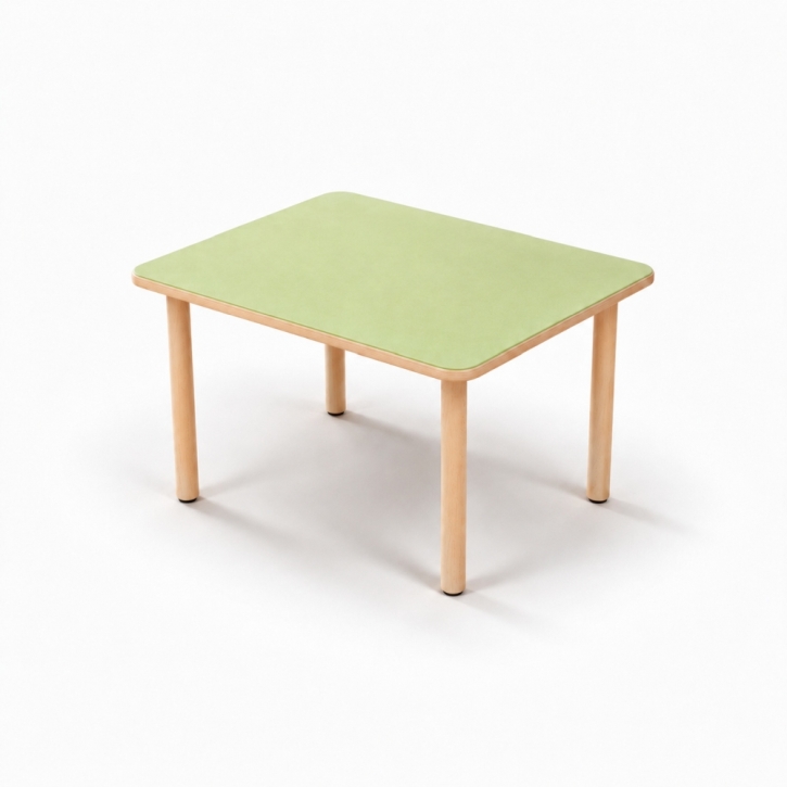 Zargenloser Rechtecktisch 80x60 cm, Platte 25mm Buche Multiplex mit Linoleum, Holzbeine ohne Rollen