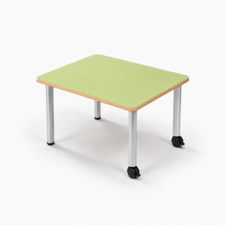 Mobiler, zargenloser Rechtecktisch 80x60 cm, Platte 25mm Buche Multiplex mit Linoleum, Metallbeine