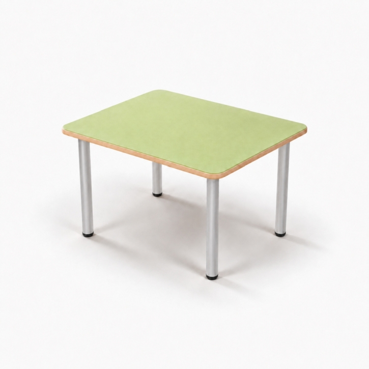 Zargenloser Rechtecktisch 80x60 cm, Platte 25mm Buche Multiplex mit Linoleum, Metallbe. ohne Rollen