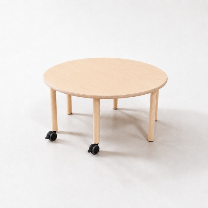 Mobiler, zargenloser Rundtisch Ø 120 cm, Platte 25mm Buche Multiplex mit HPL, 6 Holzbeine