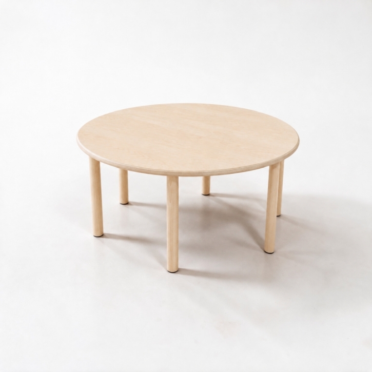 Zargenloser Rundtisch Ø 120 cm, Platte 25mm Buche Multiplex mit HPL, 6 Holzbeine ohne Rollen