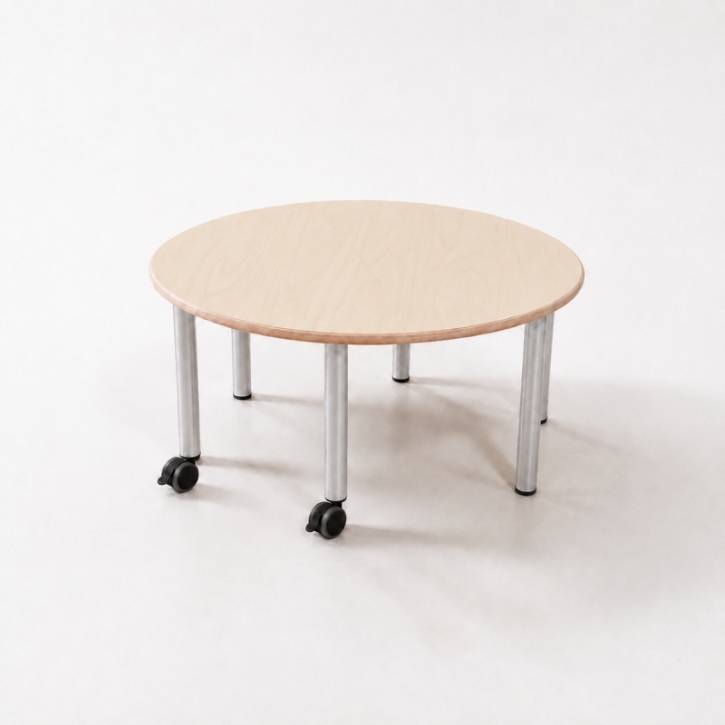 Mobiler, zargenloser Rundtisch Ø 120 cm, Platte 25mm Buche Multiplex mit HPL, 6 Metallbeine