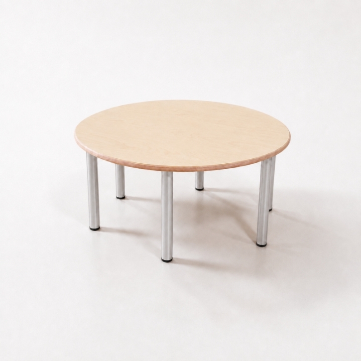 Zargenloser Rundtisch Ø 120 cm, Platte 25mm Buche Multiplex mit HPL, 6 Metallbeine ohne Rollen