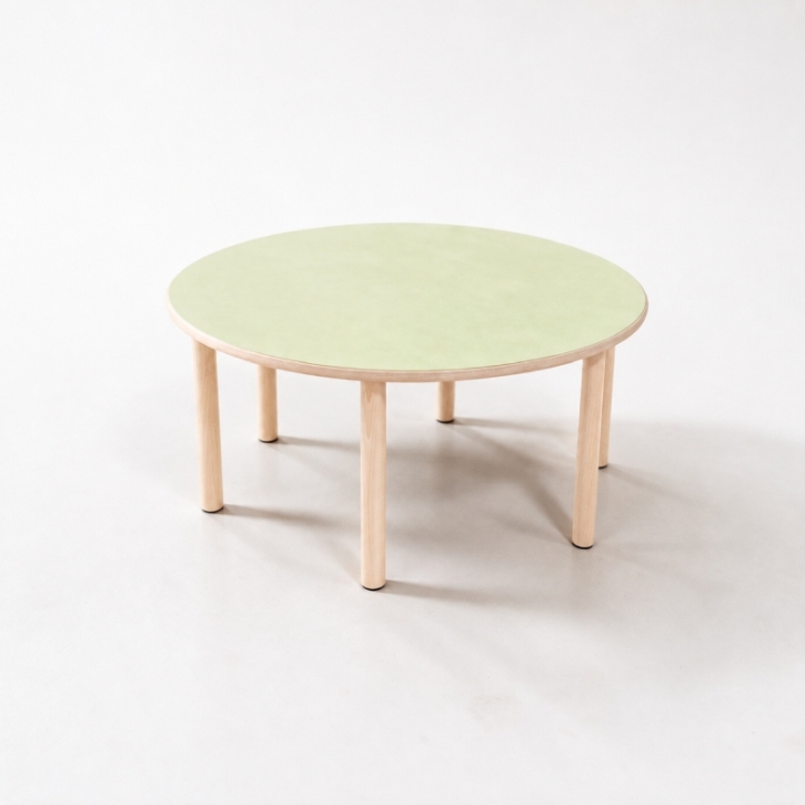Zargenloser Rundtisch Ø 120 cm, Platte 25mm Buche Multiplex mit Linoleum, 6 Holzbeine ohne Rollen