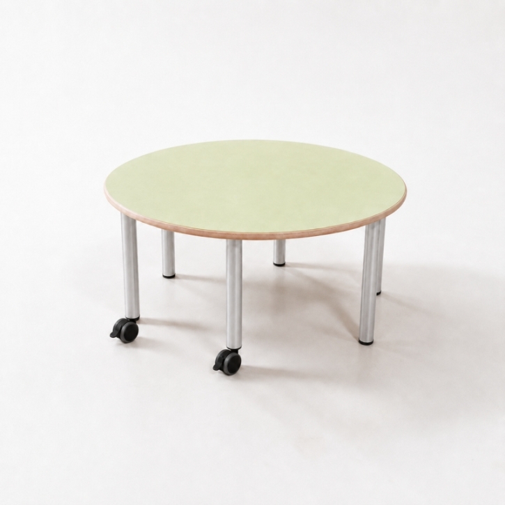 Mobiler, zargenloser Rundtisch Ø 120 cm, Platte 25mm Buche Multiplex mit Linoleum, 6 Metallbeine