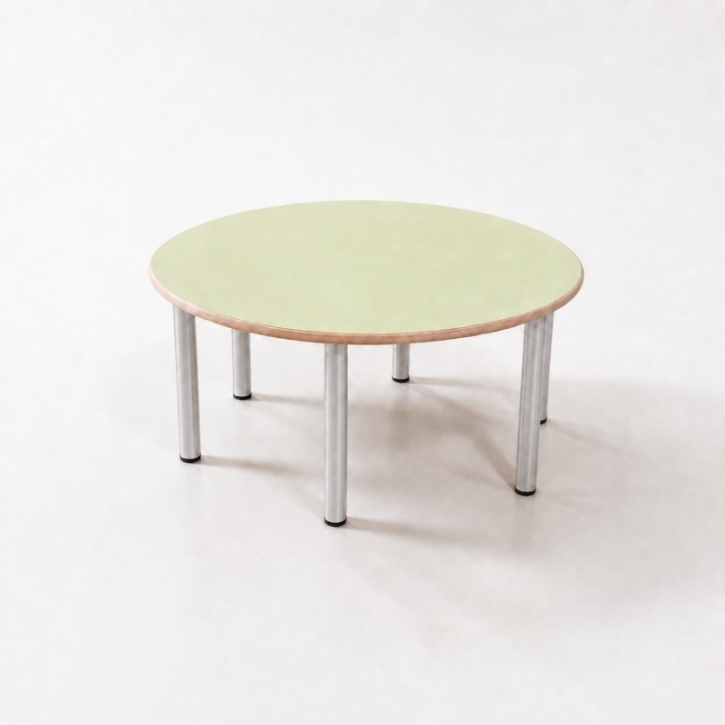 Zargenloser Rundtisch Ø 120 cm, Platte 25mm Buche Multiplex mit Linoleum, 6 Metallbeine ohne Rollen