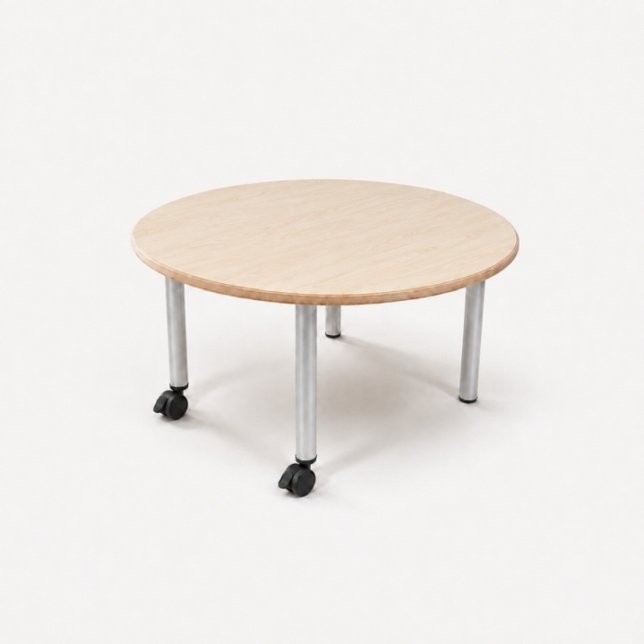 Mobiler, zargenloser Rundtisch Ø 80 cm, Platte 25mm Buche Multiplex mit HPL, Metallbeine