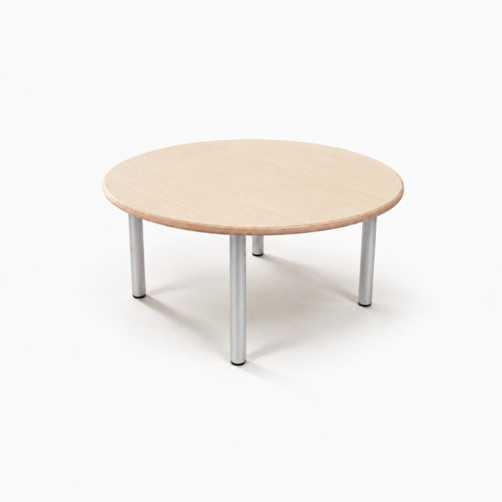 Zargenloser Rundtisch Ø 80 cm, Platte 25mm Buche Multiplex mit HPL, Metallbeine ohne Rollen