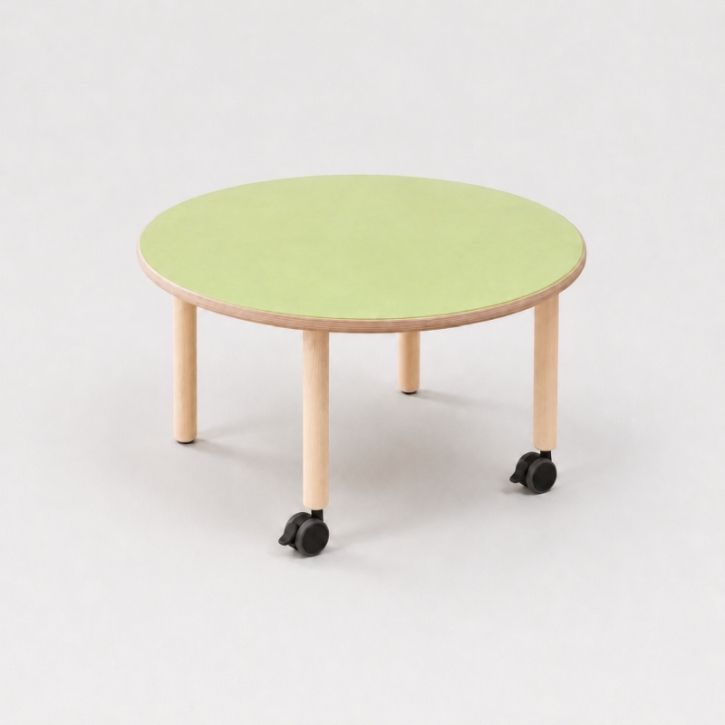 Mobiler, zargenloser Rundtisch Ø 80 cm, Platte 25mm Buche Multiplex mit Linoleum, Holzbeine