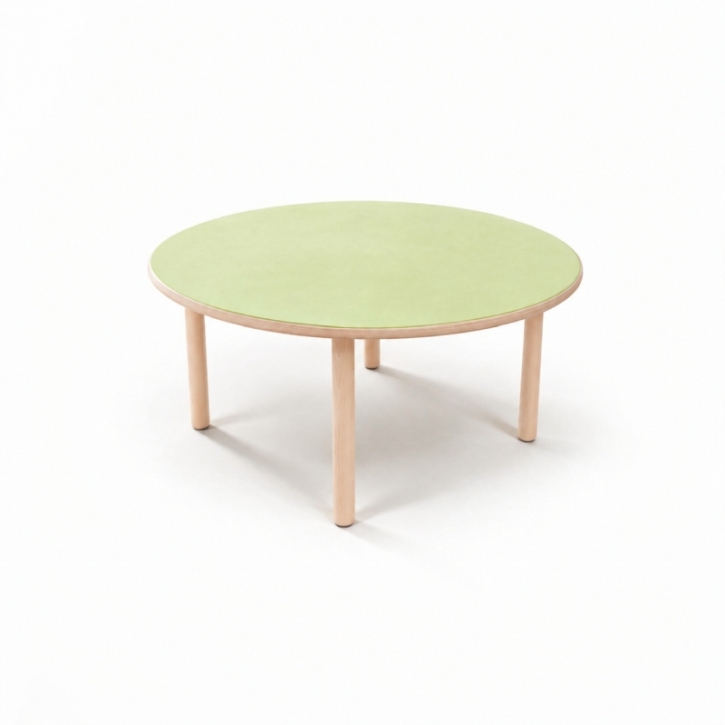 Zargenloser Rundtisch Ø 80 cm, Platte 25mm Buche Multiplex mit Linoleum, Holzbeine ohne Rollen