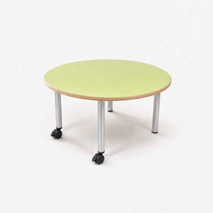 Mobiler, zargenloser Rundtisch Ø 80 cm, Platte 25mm Buche Multiplex mit Linoleum, Metallbeine