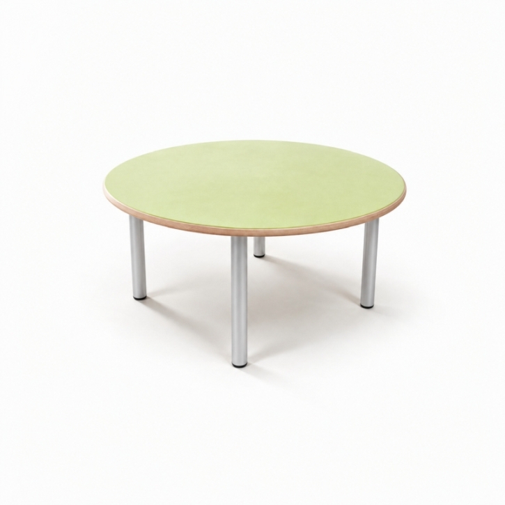 Zargenloser Rundtisch Ø 80 cm, Platte 25mm Buche Multiplex mit Linoleum, Metallbeine ohne Rollen