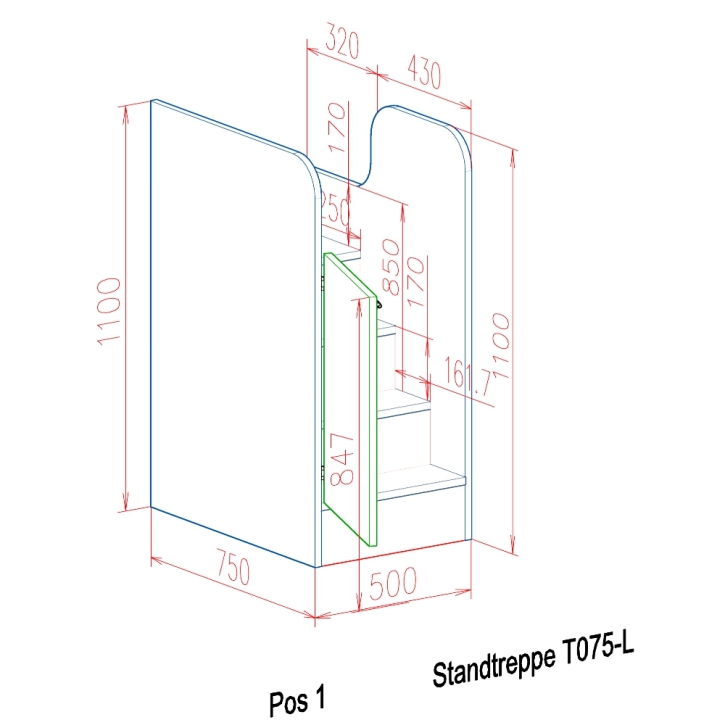 Standtreppe für Wickelkommoden, Einzeltür links angeschlagen, 50 x 110 x 75 cm (BxHxT)