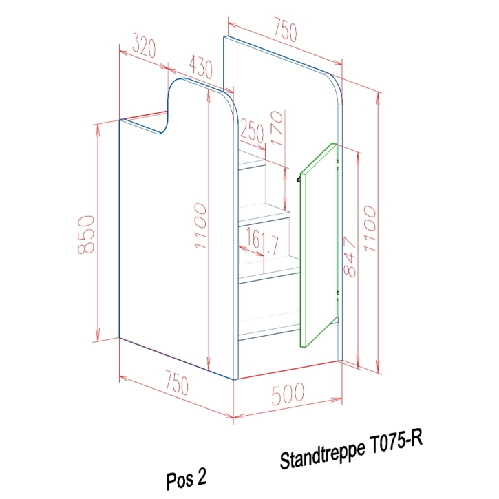 Standtreppe für Wickelkommoden, Einzeltür rechts angeschlagen, 50 x 110 x 75 cm (BxHxT)