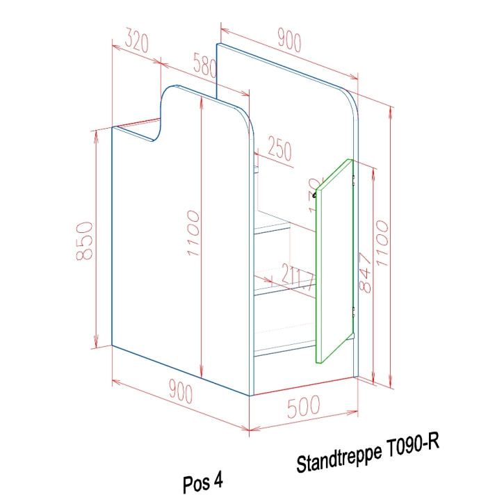 Standtreppe für Wickelkommoden, Einzeltür rechts angeschlagen, 50 x 110 x 90 cm (BxHxT)