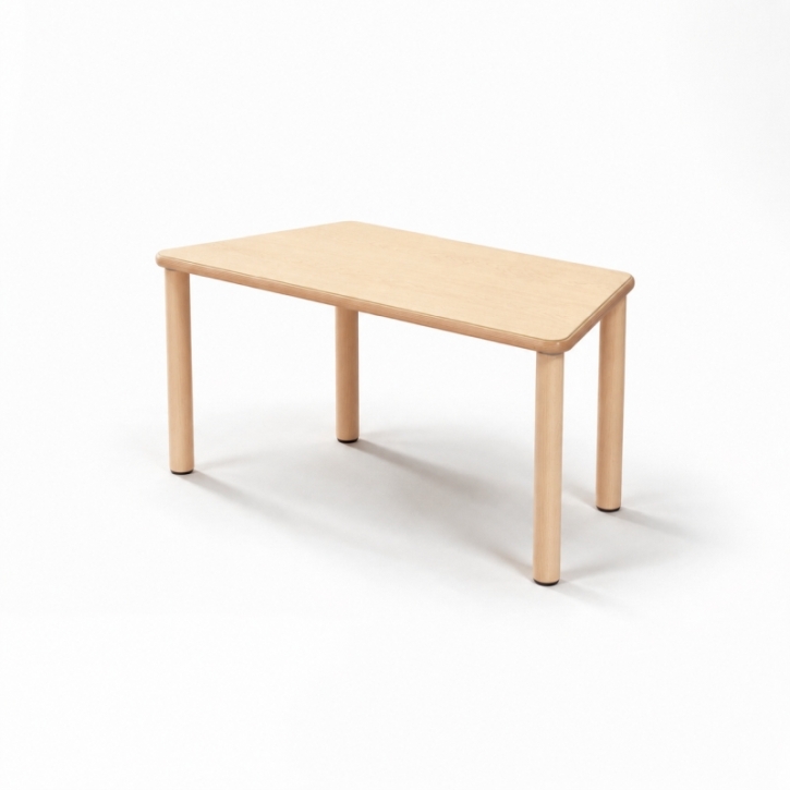 Zargenloser Trapeztisch 120x60 cm, Platte 25mm Buche Multiplex mit HPL, Holzbeine ohne Rollen