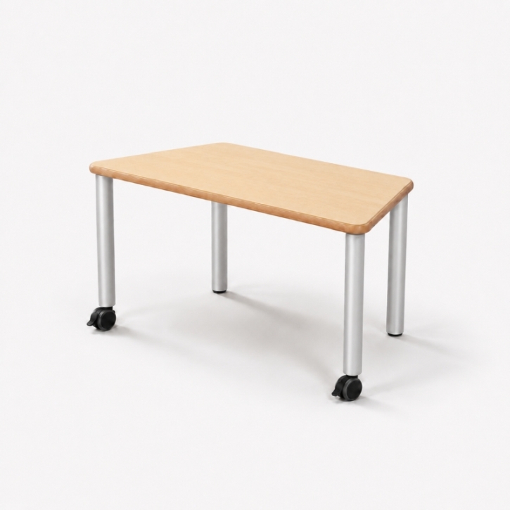 Mobiler, zargenloser Trapeztisch 120x60 cm, Platte 25mm Buche Multiplex mit HPL, Metallbeine