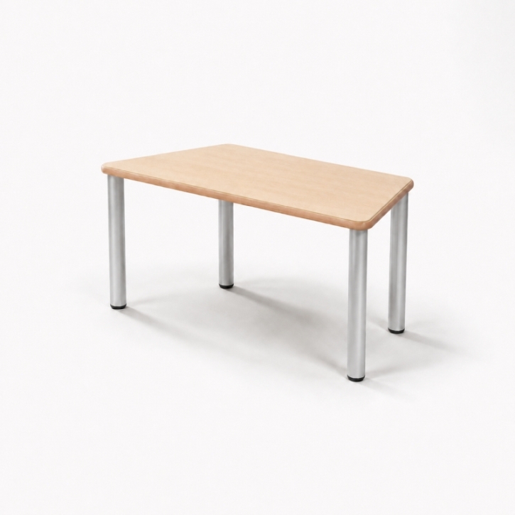 Zargenloser Trapeztisch 120x60 cm, Platte 25mm Buche Multiplex mit HPL, Metallbeine ohne Rollen