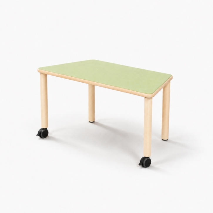 Mobiler, zargenloser Trapeztisch 120x60 cm, Platte 25mm Buche Multiplex mit Linoleum, Holzbeine