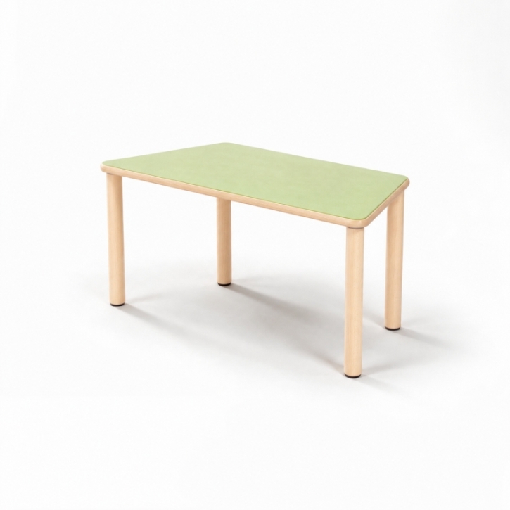 Zargenloser Trapeztisch 120x60 cm, Platte 25mm Buche Multiplex mit Linoleum, Holzbeine ohne Rollen