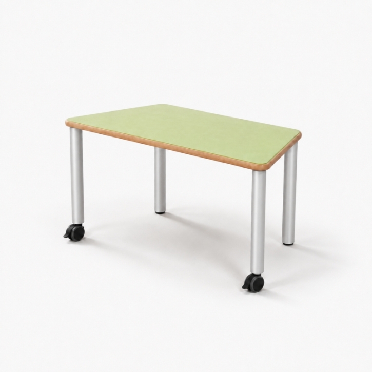 Mobiler, zargenloser Trapeztisch 120x60 cm, Platte 25mm Buche Multiplex mit Linoleum, Metallbeine