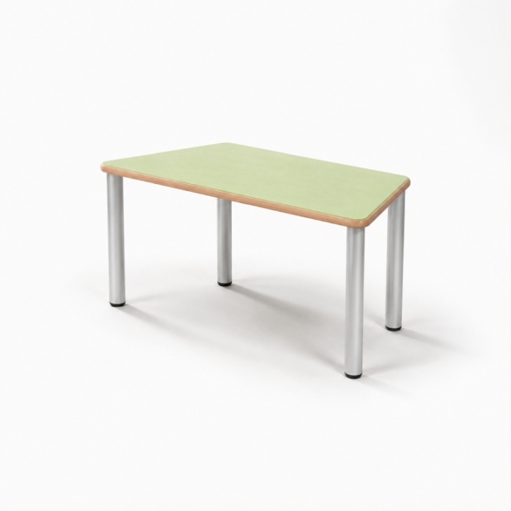 Zargenloser Trapeztisch 120x60 cm, Platte 25mm Buche Multiplex mit Linoleum, Metallbeine ohne Rollen