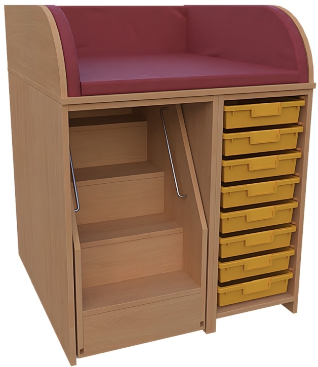 86 cm breite Wickelkommode mit ausziehbarer Treppe und 8 flachen Kunststoffboxen Treppe links / Tiefe 75 cm