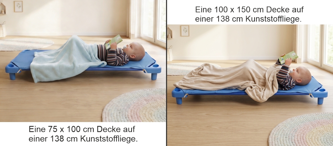 Kuscheldecken auf Kunststoffliegen, Größenvergleich Kuscheldecken auf Kunststoffliegen, Größenvergleich