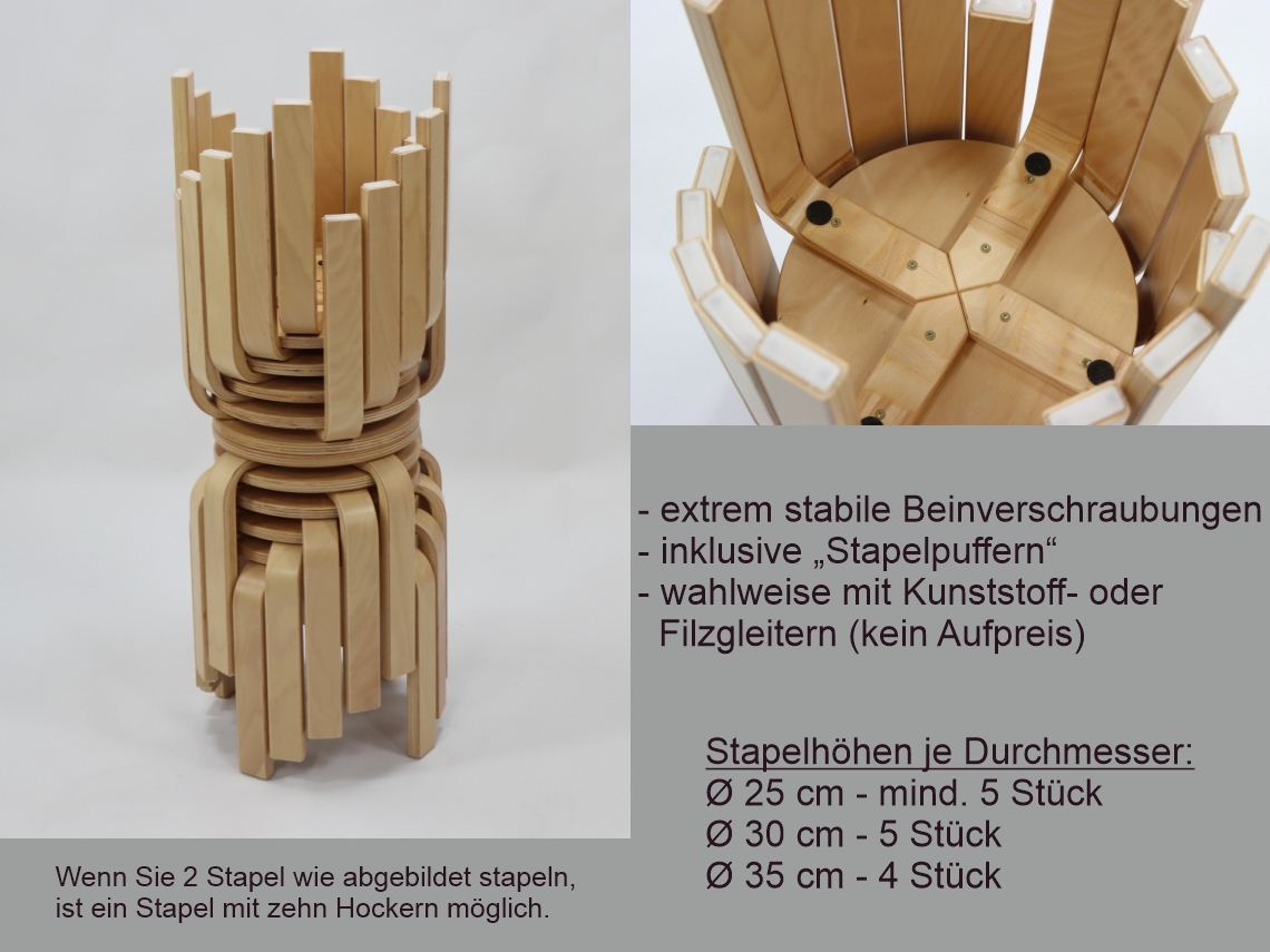 Stapelhocker Premium, Übersicht wie viele Hocker sind von jedem Durchmesser stapeln lassen plus weitere Eigenschaften