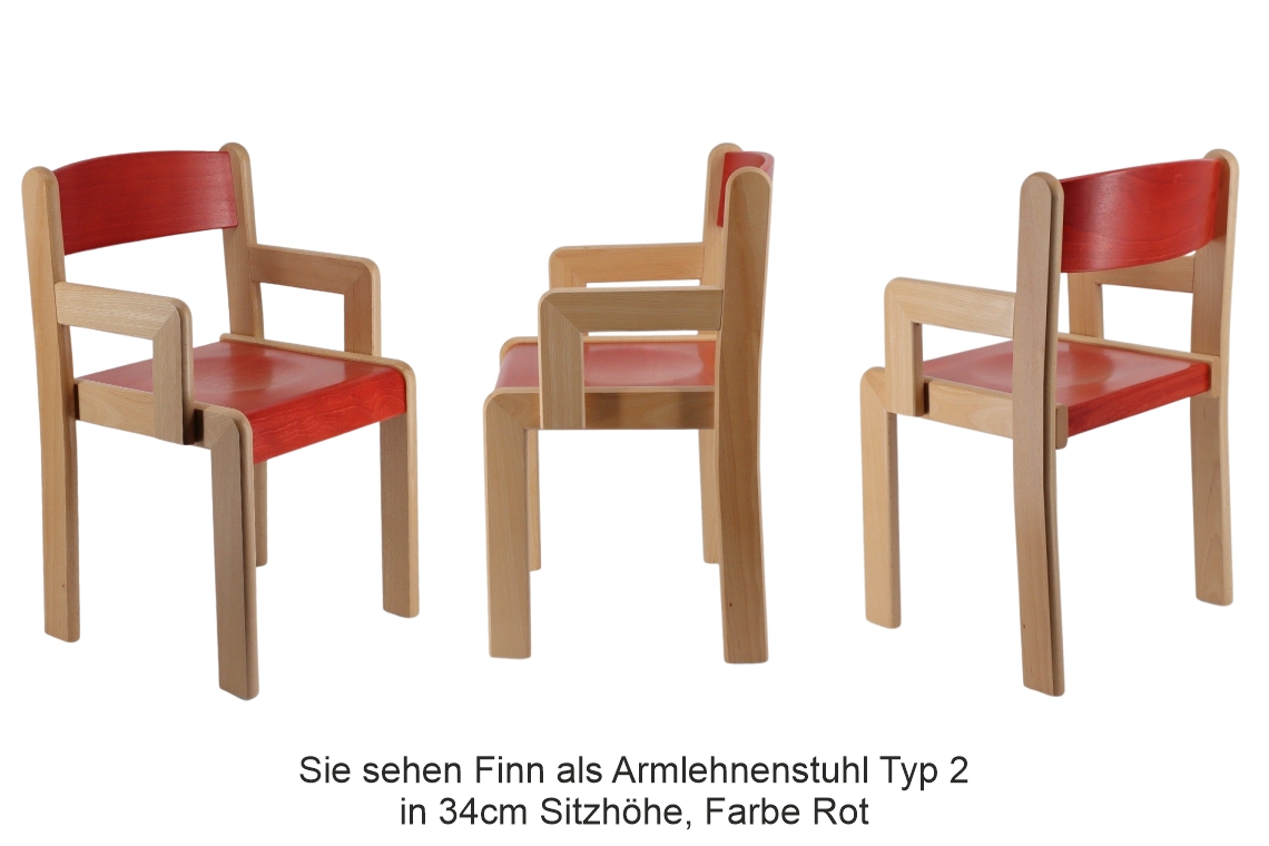 Stuhl Finn mit Armlehnen Typ 2 in 34cm Sitzhöhe, Farbe Rot, 3-Seiten-Ansicht Stuhl Finn mit Armlehnen Typ 2 in 34cm Sitzhöhe, Farbe Rot, 3-Seiten-Ansicht