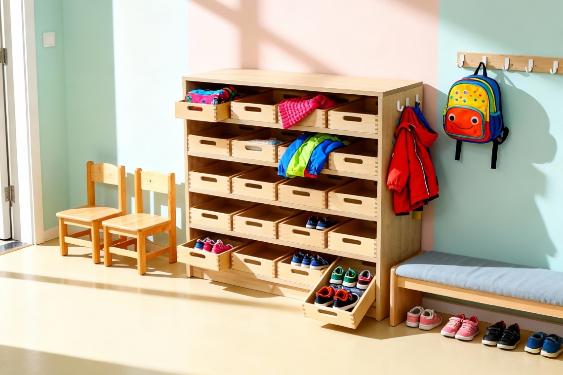 Korpusschrank in Birke mit kleinen Materialkästen, Ambientebild Korpusschrank in Birke mit kleinen Materialkästen, Ambientebild