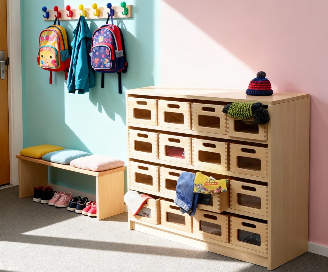 Korpusschrank in Birke mit mittleren Materialkästen mit Sichtfenster, Ambientebild Korpusschrank in Birke mit mittleren Materialkästen mit Sichtfenster, Ambientebild